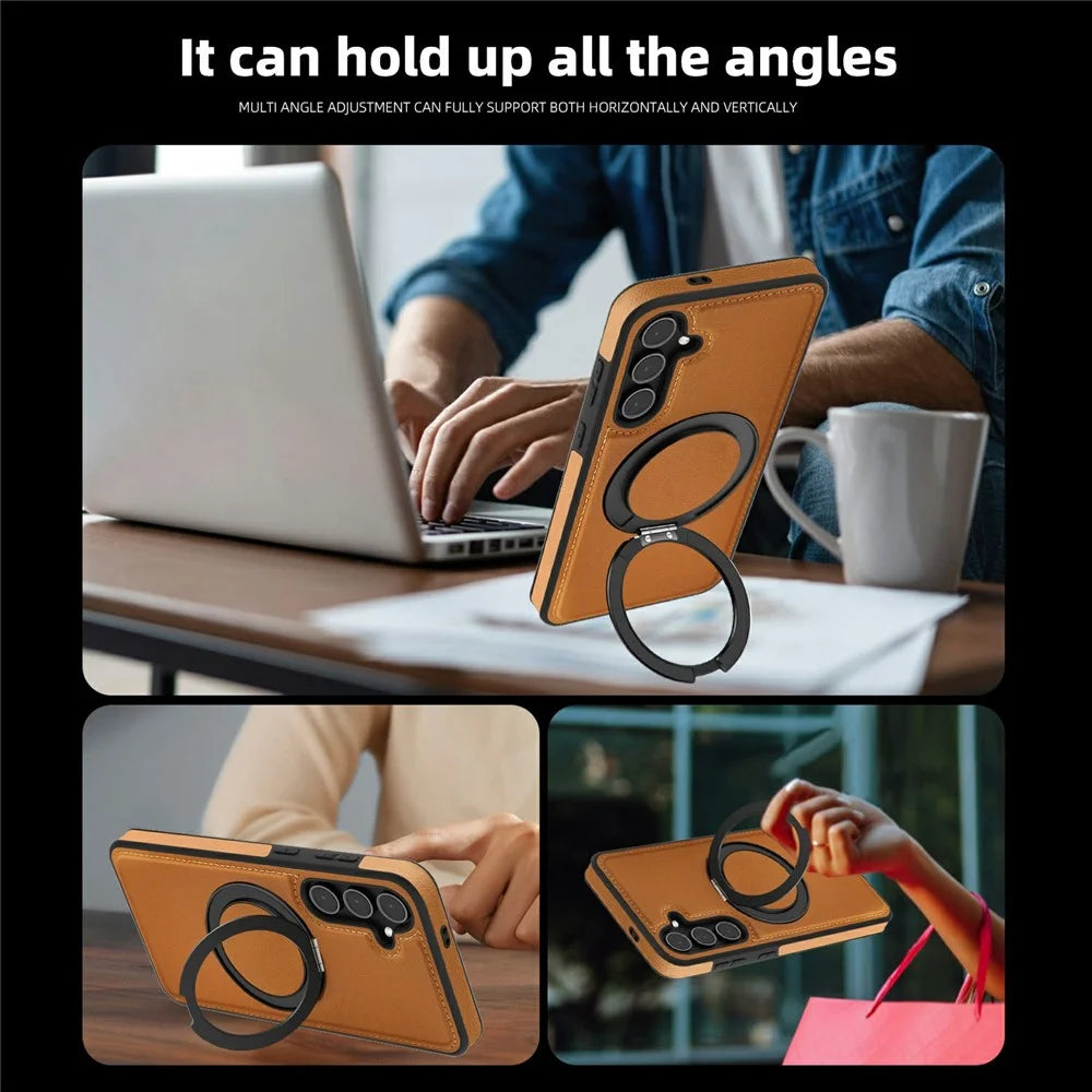For Samsung Galaxy S25+ Case with Ring Kickstand Magnetic Case PU Leather Back Cover - Brown - 6