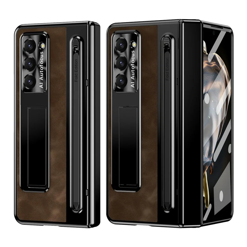For Samsung Galaxy Z Fold Special Case Leather+PC Kickstand Phone Cover with Tempered Glass Film, Stylus - Coffee - 2