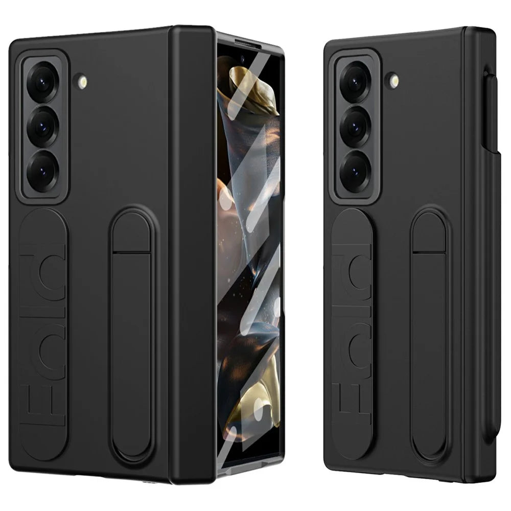 For Samsung Galaxy Z Fold Special Case Kickstand Wristband PC Phone Cover with Tempered Glass Film - Black - 1