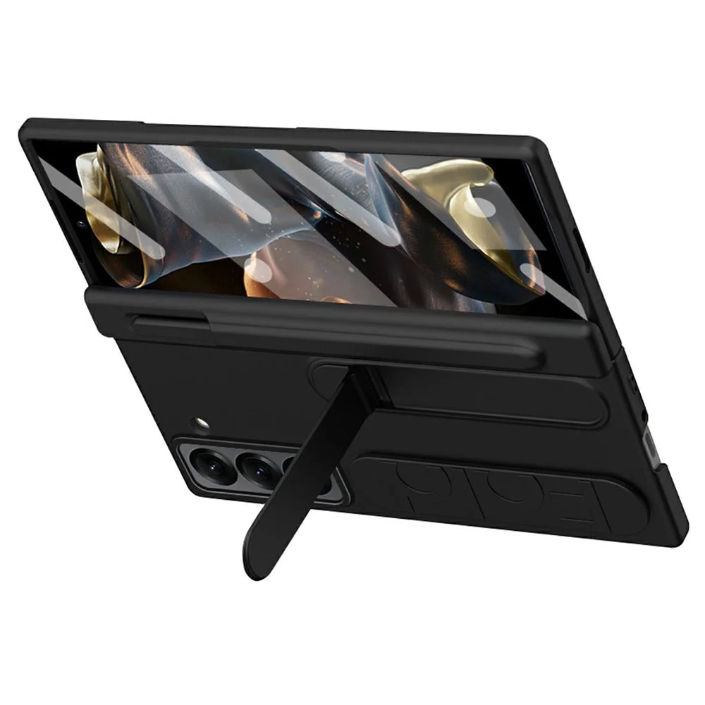 For Samsung Galaxy Z Fold Special Case Kickstand Wristband PC Phone Cover with Tempered Glass Film - Black - 2
