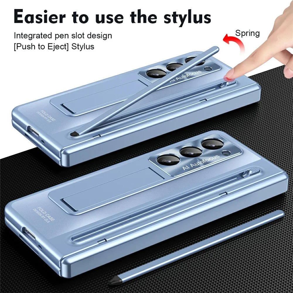 For Samsung Galaxy Z Fold Special Case Kickstand Hinge PC Phone Cover with Tempered Glass Film, Stylus - Blue - 7