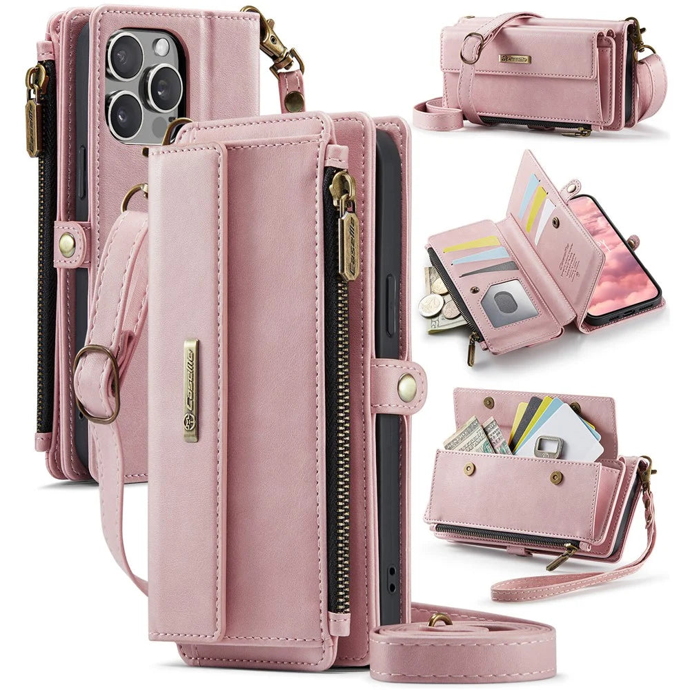CASEME For iPhone 15 Pro Max Case  C39 RFID Blocking Zipper Wallet Stand Leather Cover with Strap - Pink - 1