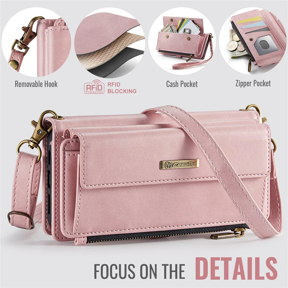 CASEME For iPhone 15 Pro Case  C39 RFID Blocking Zipper Wallet Stand Leather Cover with Strap - Pink - 4