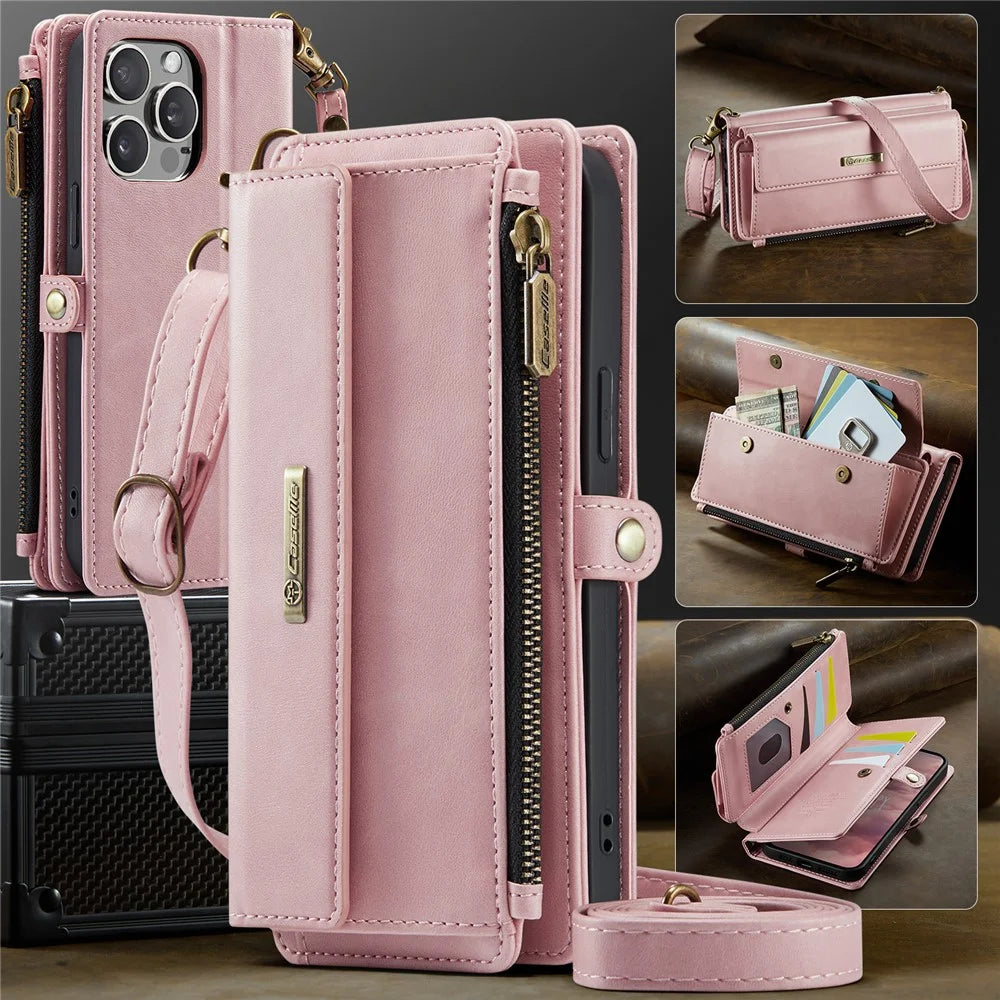 CASEME For iPhone 15 Pro Case  C39 RFID Blocking Zipper Wallet Stand Leather Cover with Strap - Pink - 5