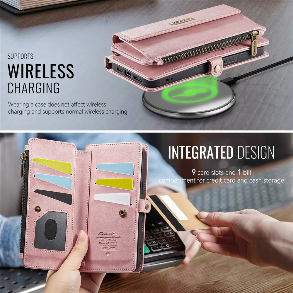 CASEME For iPhone 15 Pro Case  C39 RFID Blocking Zipper Wallet Stand Leather Cover with Strap - Pink - 7
