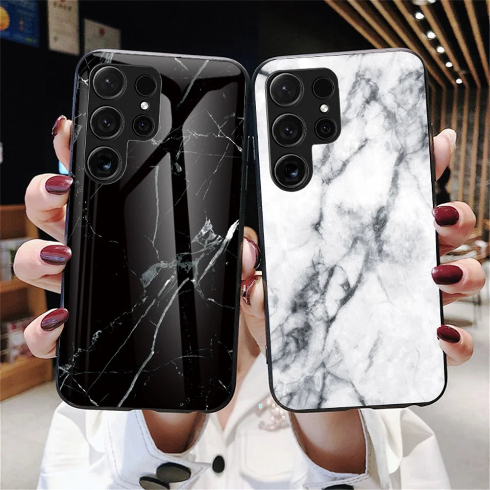 For Samsung Galaxy S25 Ultra Case Marble Pattern Tempered Glass + PC + TPU Protective Phone Cover - White Marble - 6