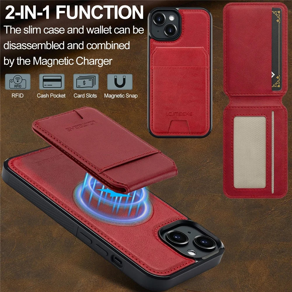 LC.IMEEKE L3 For iPhone 15 Magnetic Case Detachable Card Holder Leather+TPU Mobile Cover - Red - 4