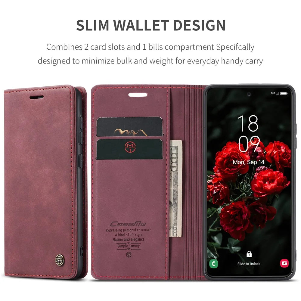 CASEME For Samsung Galaxy S25 Case  013 Series Card Holder Stand Leather Phone Cover - Red - 6