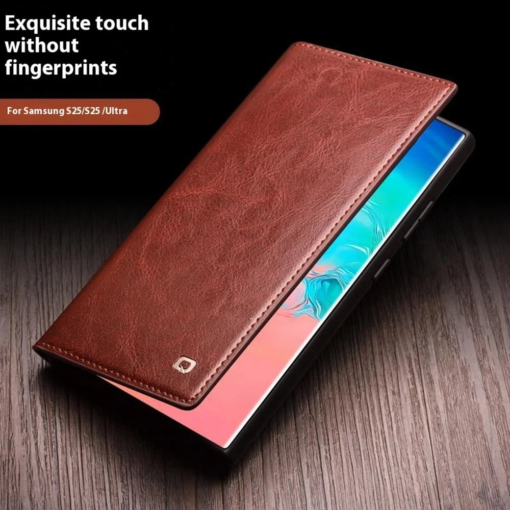 QIALINO For Samsung Galaxy S25+ Case Wallet Flip Stand Phone Cover Genuine Cow Leather - Brown - 4