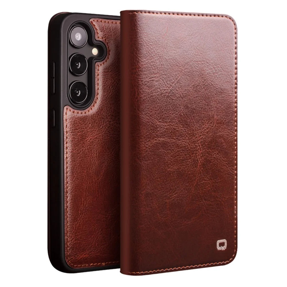 QIALINO For Samsung Galaxy S25 Case Wallet Flip Stand Phone Cover Genuine Cow Leather - Brown - 1