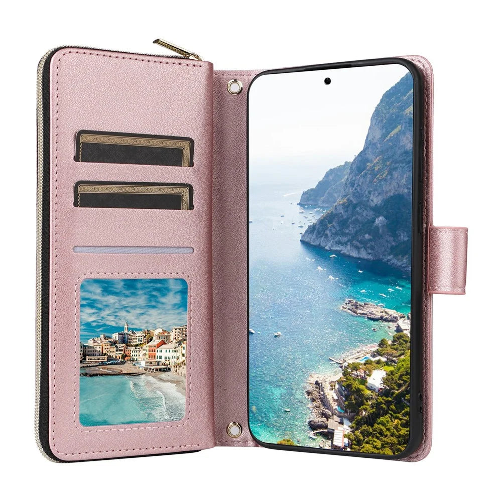 For Samsung Galaxy S25+ / S24+ Case Zipper Wallet Rhombus PU Leather Crossbody Phone Bag - Rose Gold - 2