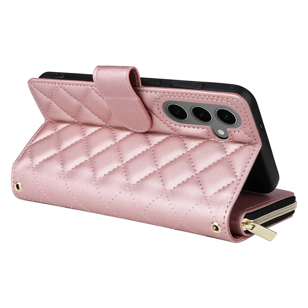 For Samsung Galaxy S25+ / S24+ Case Zipper Wallet Rhombus PU Leather Crossbody Phone Bag - Rose Gold - 5