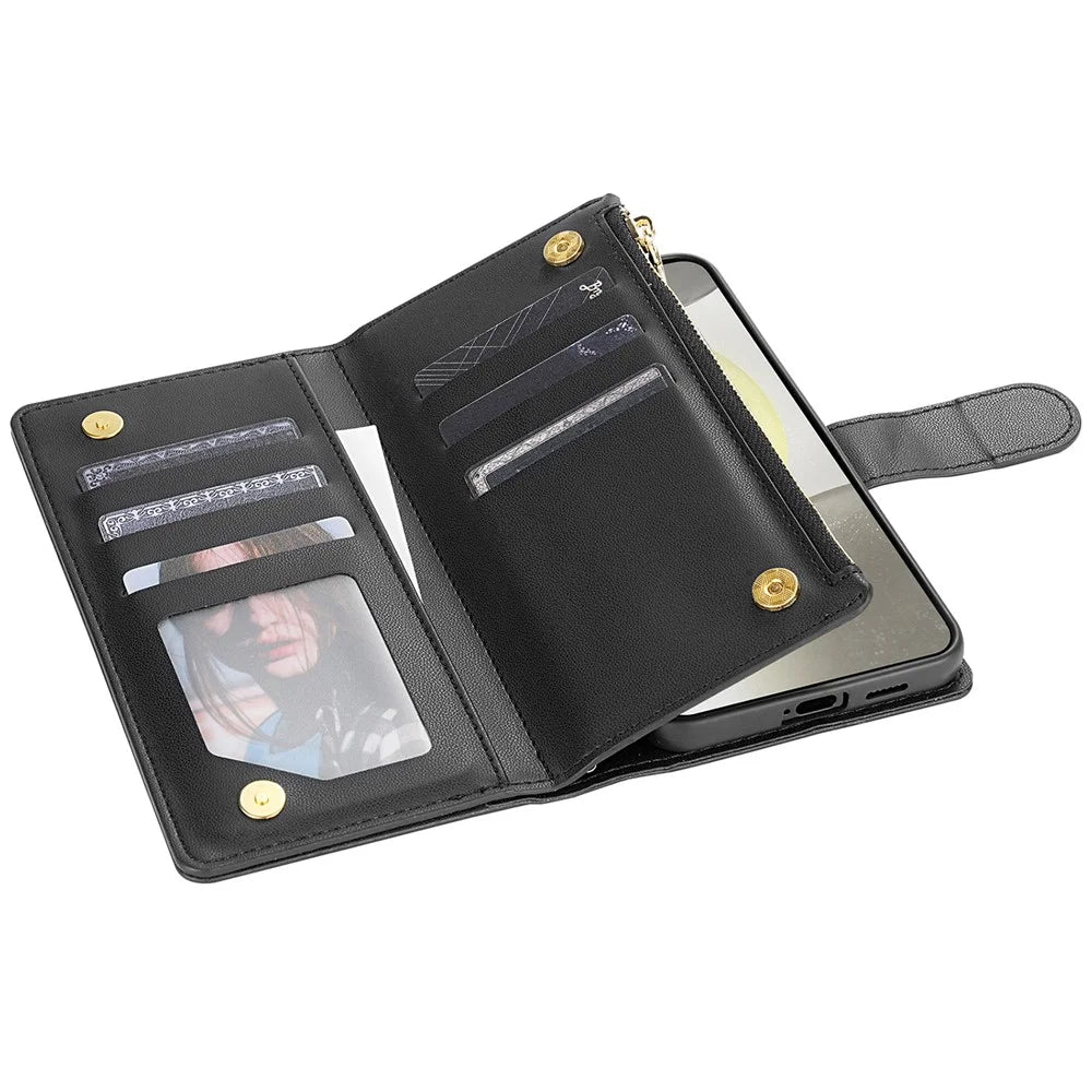 For Samsung Galaxy S25 Ultra Case Rhombus Stitching Leather Wallet Phone Cover with Long  /  Short Strap - Black - 3