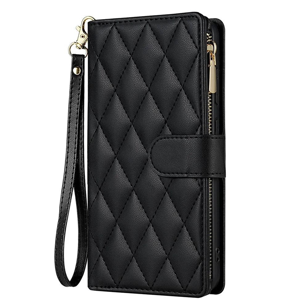 For Samsung Galaxy S25 Ultra Case Rhombus Stitching Leather Wallet Phone Cover with Long  /  Short Strap - Black - 7