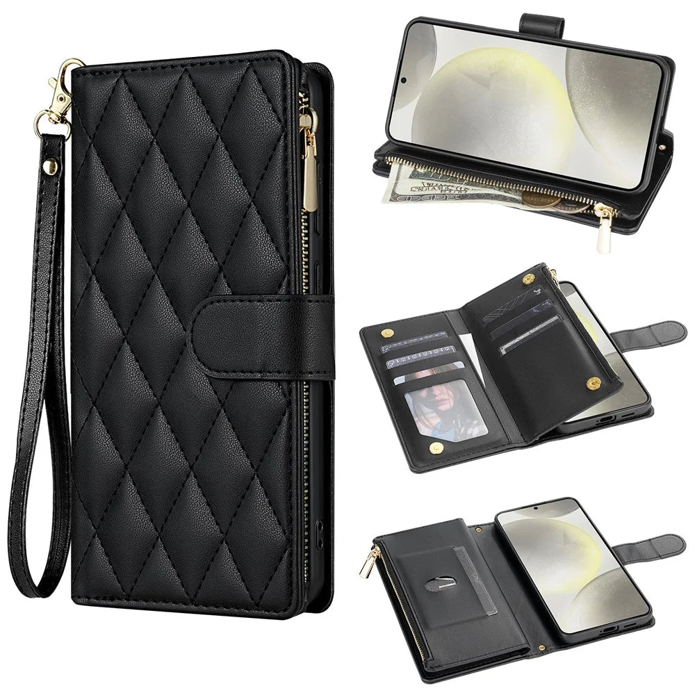 For Samsung Galaxy A26 5G Case Rhombus Stitching Leather Wallet Phone Cover with Long  /  Short Strap - Black - 1