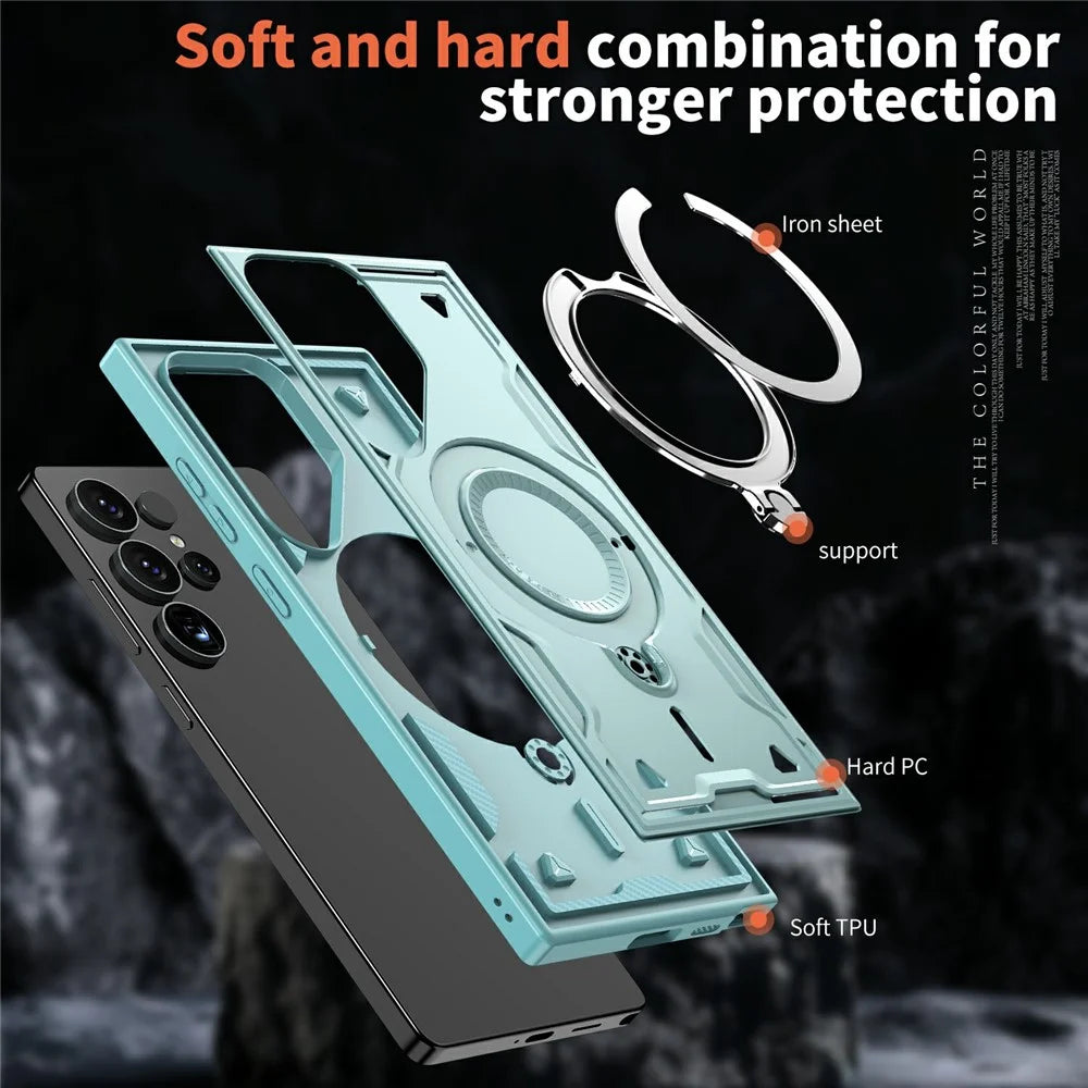 For Samsung Galaxy S25 Ultra Magnetic Case Military Protection PC+TPU Kickstand Phone Cover - Baby Blue - 6