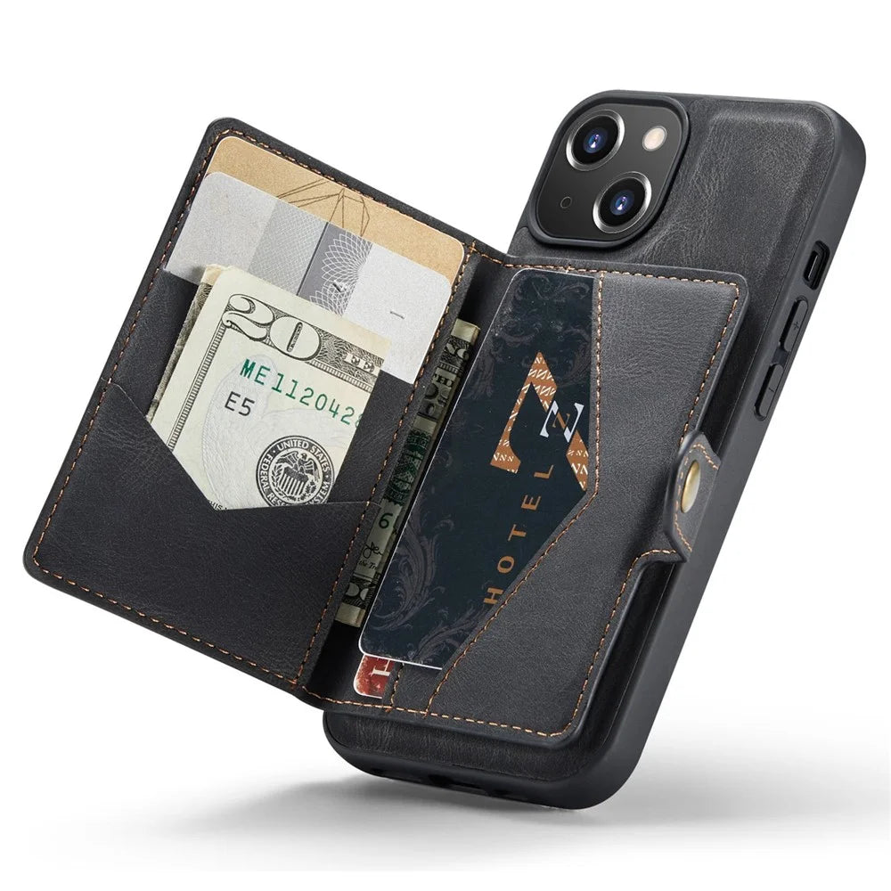 JEEHOOD For iPhone 14 Detachable 2-in-1 Leather Coated TPU Phone Case with Wallet Kickstand - Black - 4