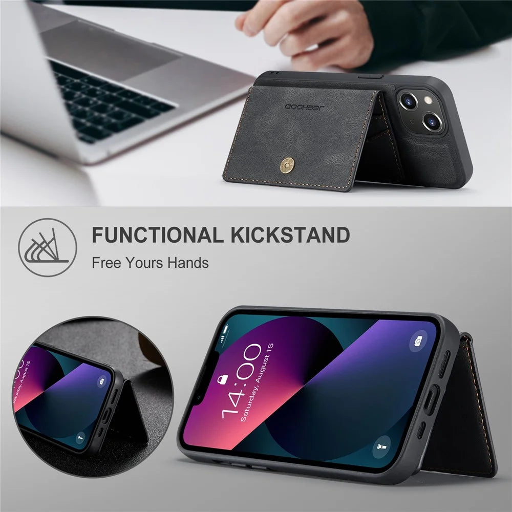 JEEHOOD For iPhone 14 Detachable 2-in-1 Leather Coated TPU Phone Case with Wallet Kickstand - Black - 7
