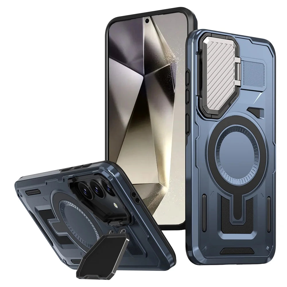 For Samsung Galaxy S25 / S24 Magnetic Case Lens Lid Kickstand PC+TPU Back Cover - Blue - 1