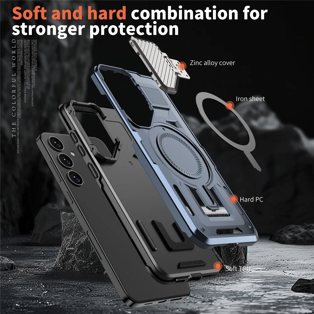 For Samsung Galaxy S25 / S24 Magnetic Case Lens Lid Kickstand PC+TPU Back Cover - Blue - 4