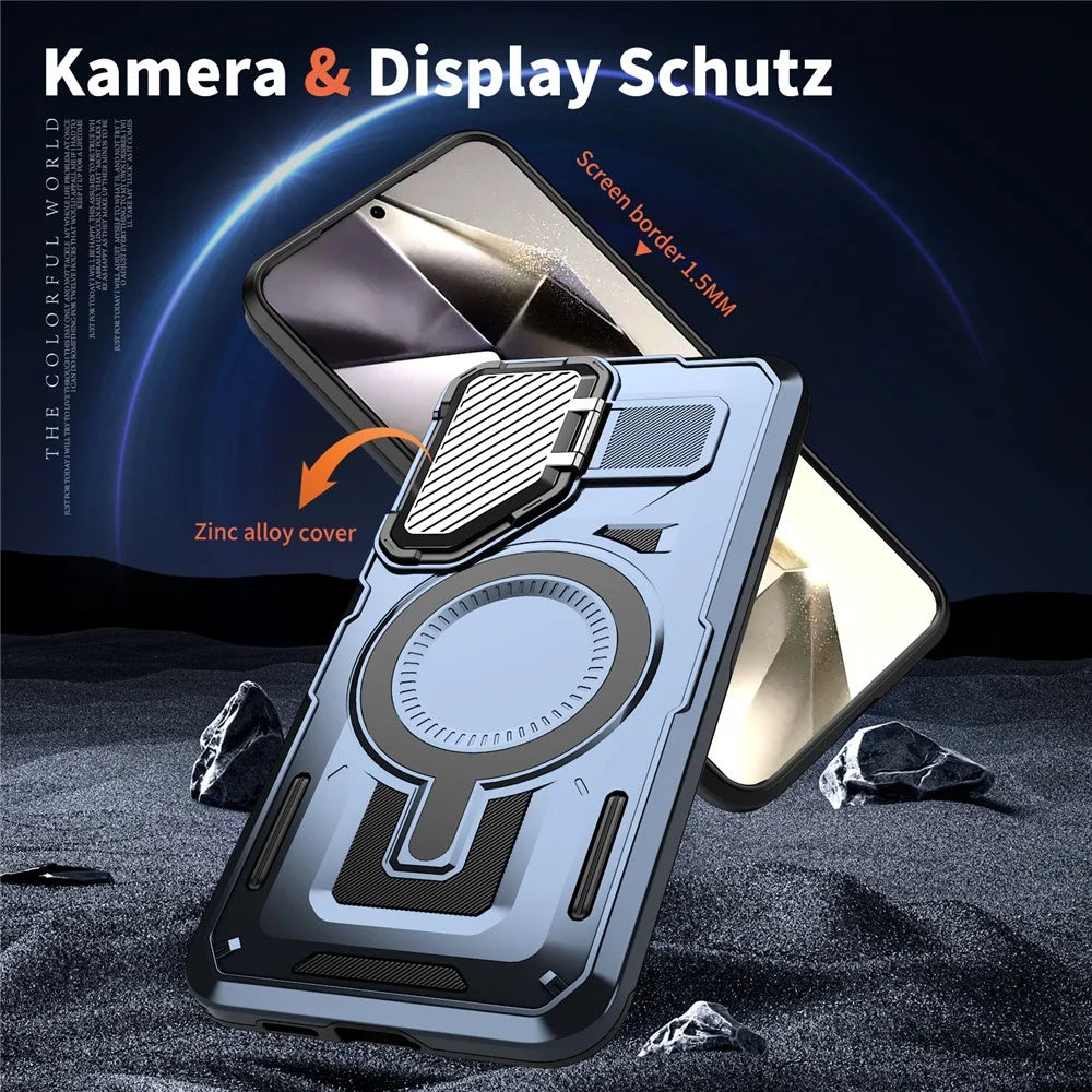For Samsung Galaxy S25 / S24 Magnetic Case Lens Lid Kickstand PC+TPU Back Cover - Blue - 5