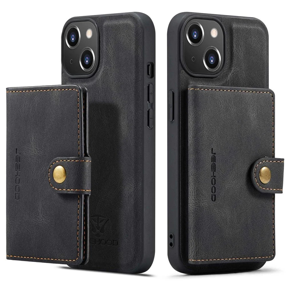 JEEHOOD For iPhone 14 Plus Wallet Phone Case Detachable 2-in-1 Leather Coated TPU Phone Case with Kickstand - Black - 1