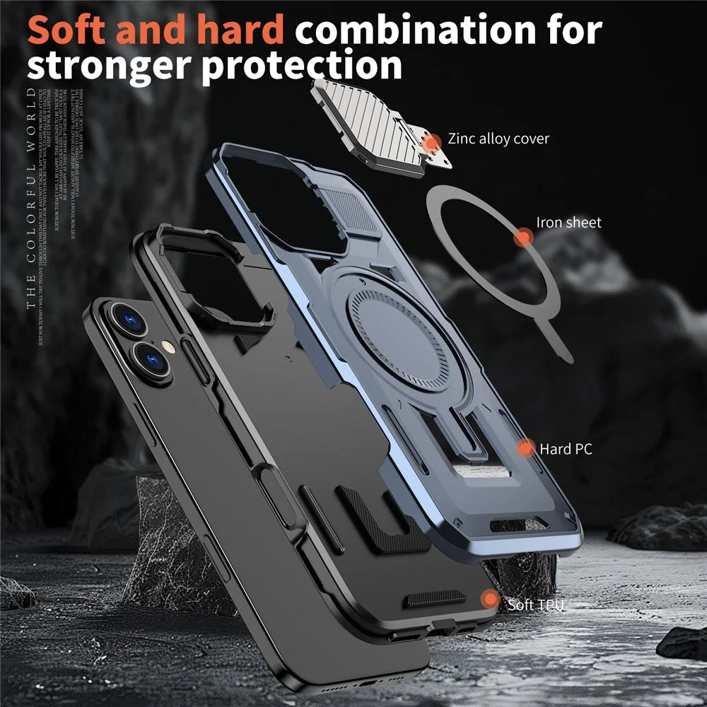 For iPhone 16 Case Compatible with MagSafe Lens Lid Kickstand PC+TPU Back Cover - Blue - 4