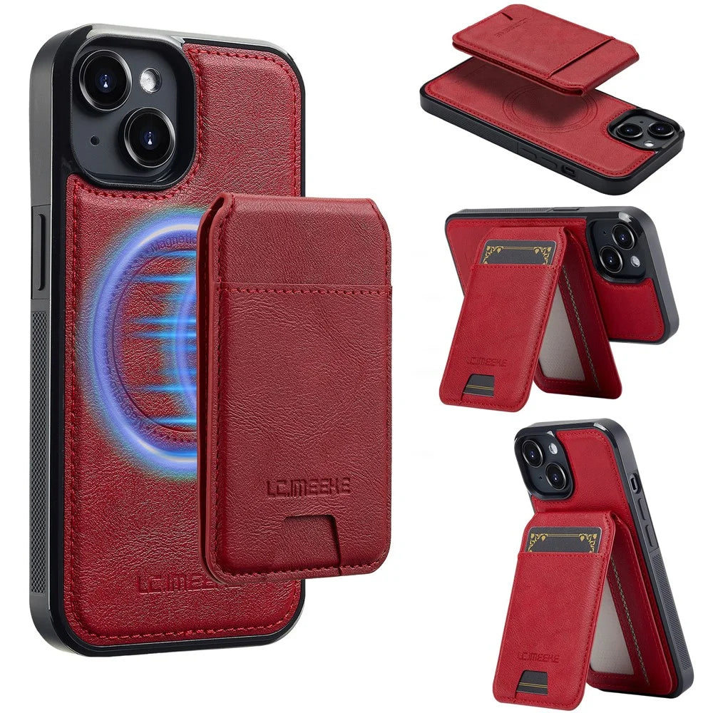 LC.IMEEKE L3 For iPhone 14 Magnetic Case Detachable Card Holder Leather+TPU Mobile Cover - Red - 1
