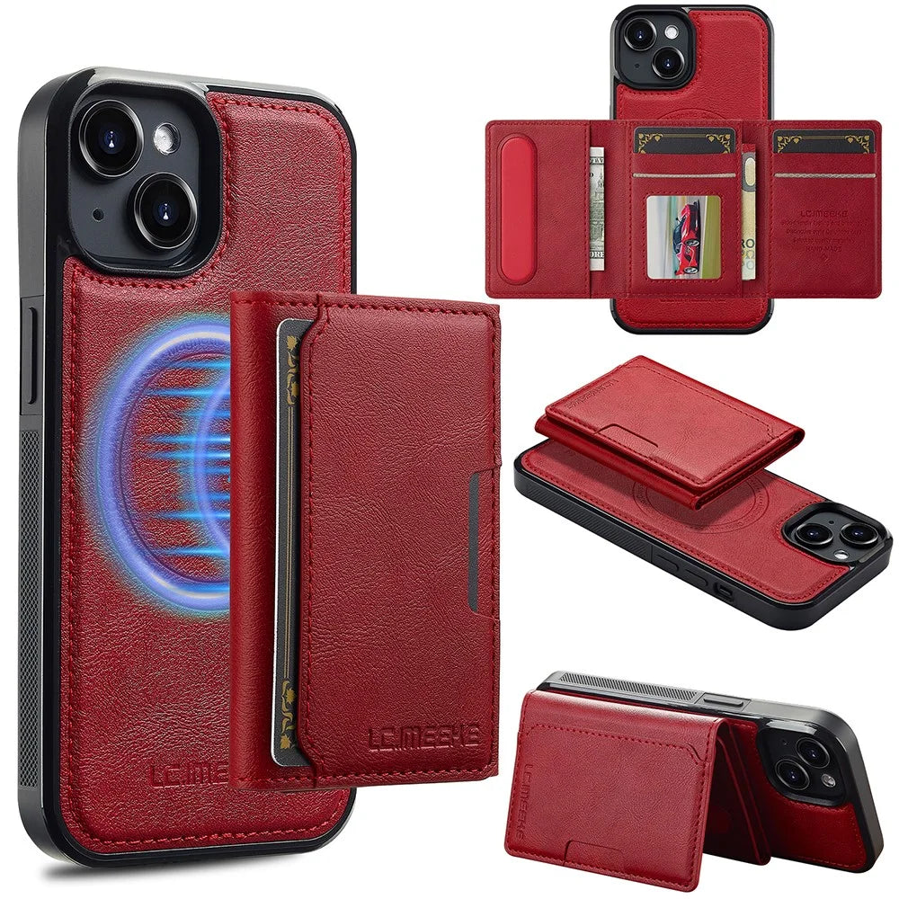 LC.IMEEKE L5 For iPhone 14 Magnetic Phone Case Leather Back Cover with Detachable Card Holder - Red - 1