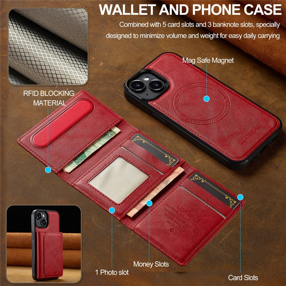 LC.IMEEKE L5 For iPhone 14 Magnetic Phone Case Leather Back Cover with Detachable Card Holder - Red - 5
