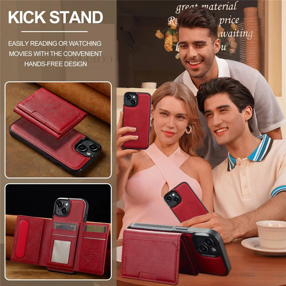 LC.IMEEKE L5 For iPhone 14 Magnetic Phone Case Leather Back Cover with Detachable Card Holder - Red - 6