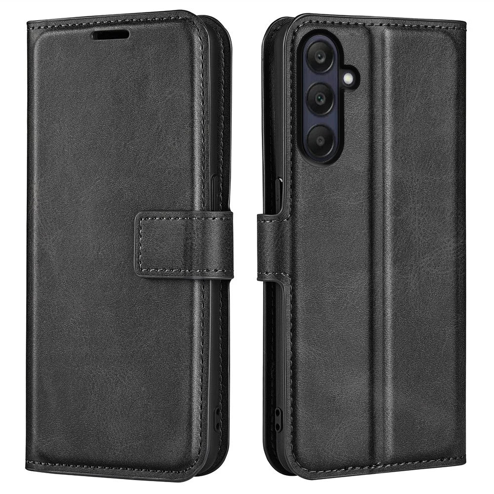 For Samsung Galaxy A26 5G Stand Case Anti-Scratch Calf Texture Leather Phone Cover - Black - 1
