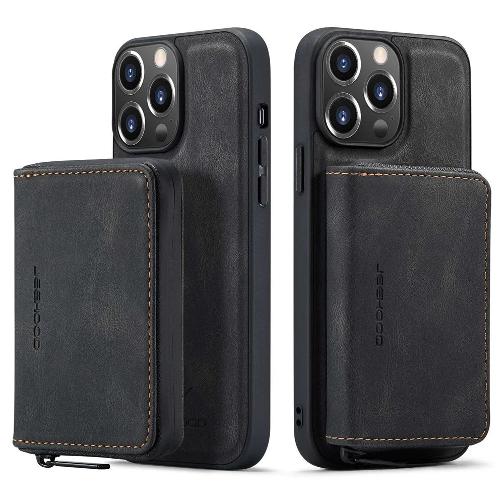 JEEHOOD Phone Case for iPhone 14 Pro Shockproof PU Leather Coated TPU Cover Phone Case with Zippered Wallet Kickstand - Black - 1