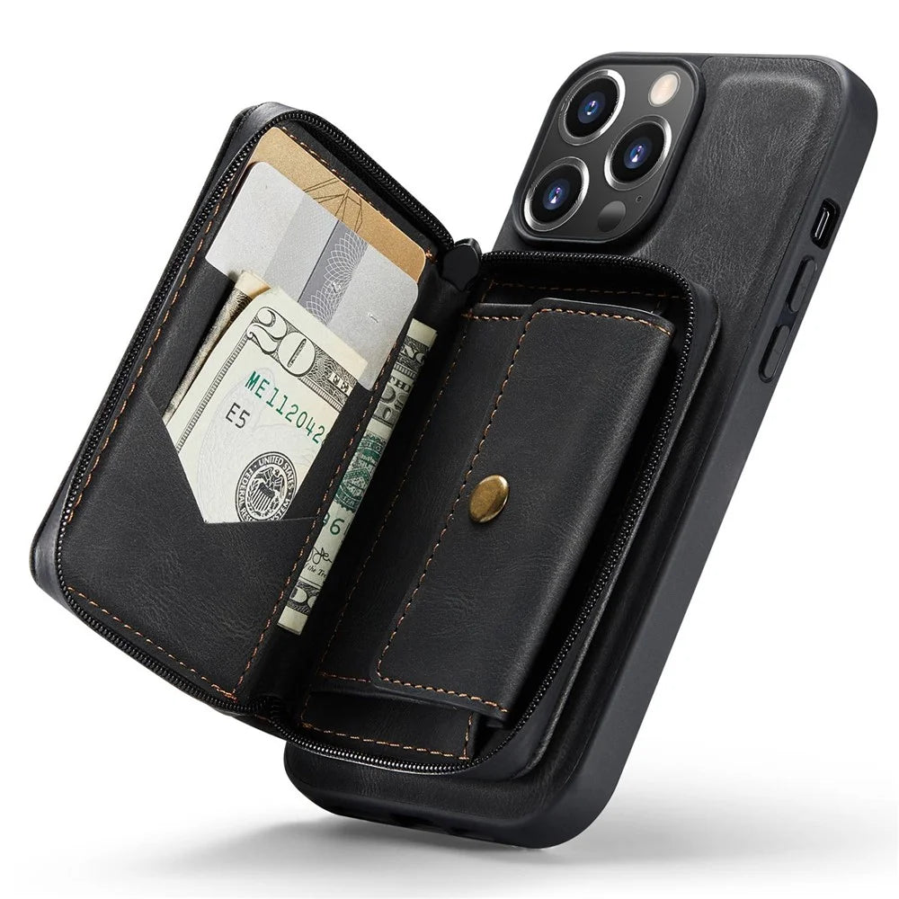 JEEHOOD Phone Case for iPhone 14 Pro Shockproof PU Leather Coated TPU Cover Phone Case with Zippered Wallet Kickstand - Black - 4