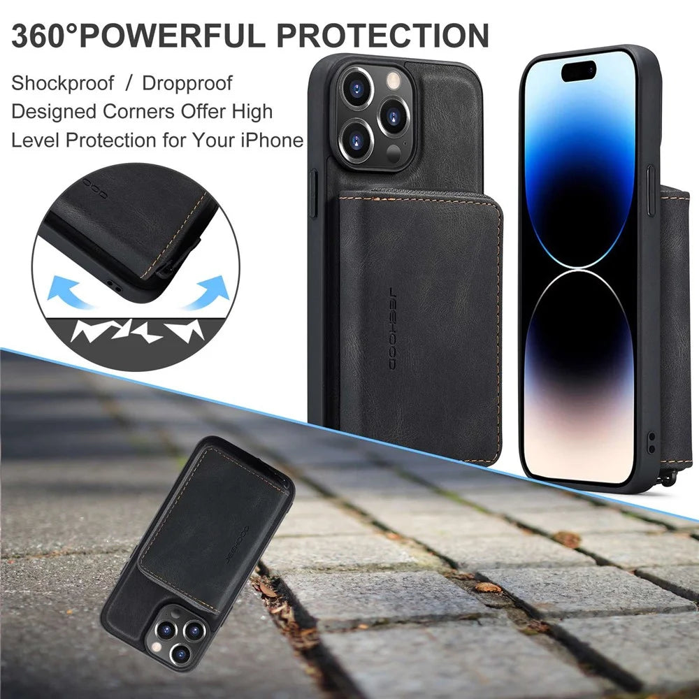 JEEHOOD Phone Case for iPhone 14 Pro Shockproof PU Leather Coated TPU Cover Phone Case with Zippered Wallet Kickstand - Black - 7
