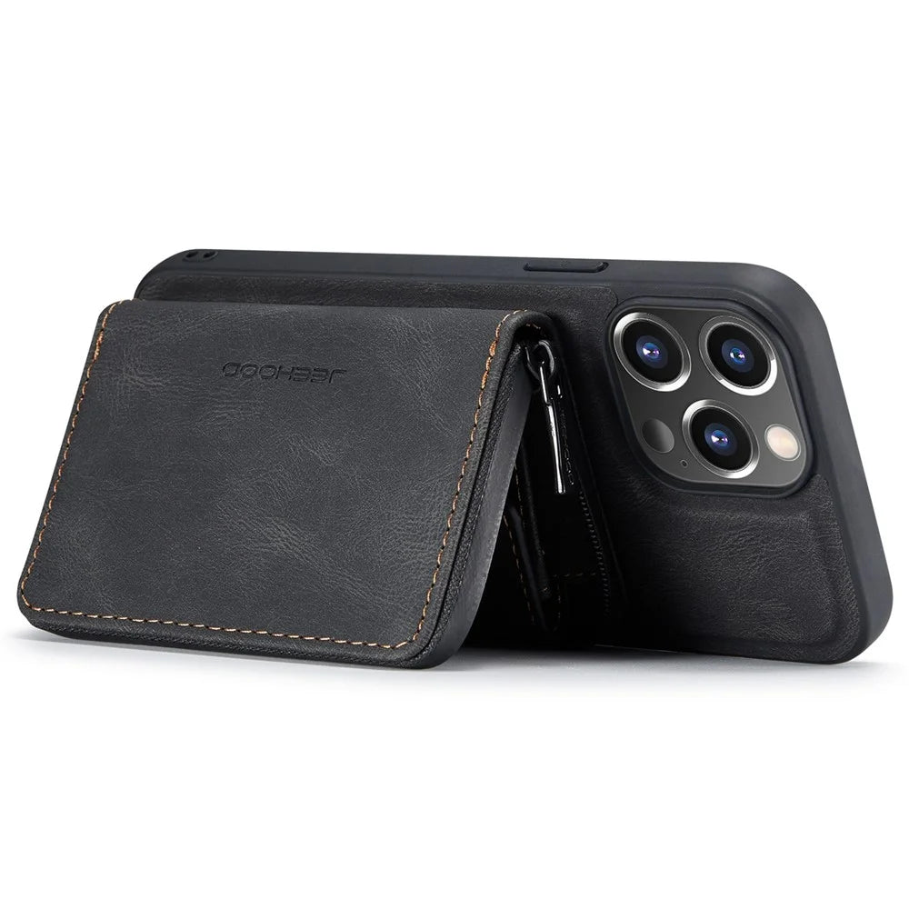 JEEHOOD Shockproof Case for iPhone 14 Pro Max PU Leather Coated TPU Cover Zippered Wallet Kickstand Phone Case - Black - 3