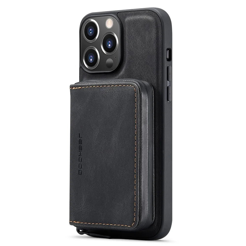 JEEHOOD Shockproof Case for iPhone 14 Pro Max PU Leather Coated TPU Cover Zippered Wallet Kickstand Phone Case - Black - 5