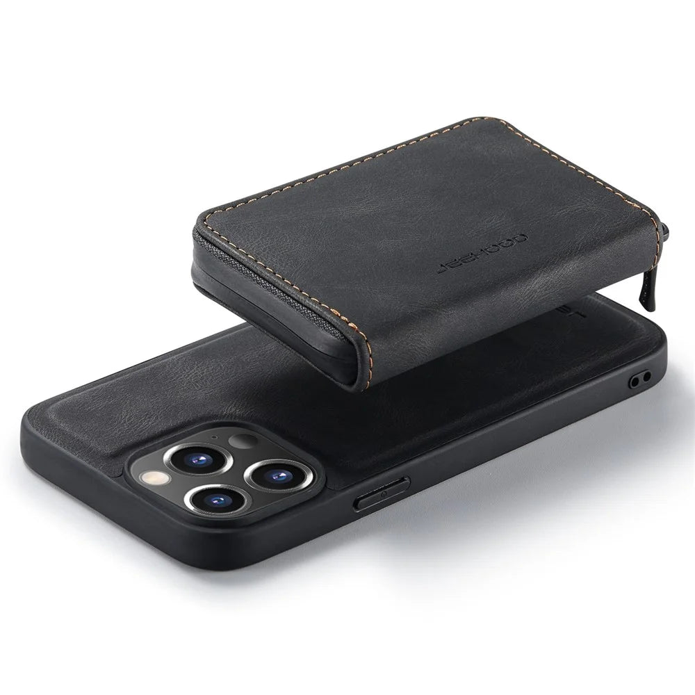 JEEHOOD Shockproof Case for iPhone 14 Pro Max PU Leather Coated TPU Cover Zippered Wallet Kickstand Phone Case - Black - 6