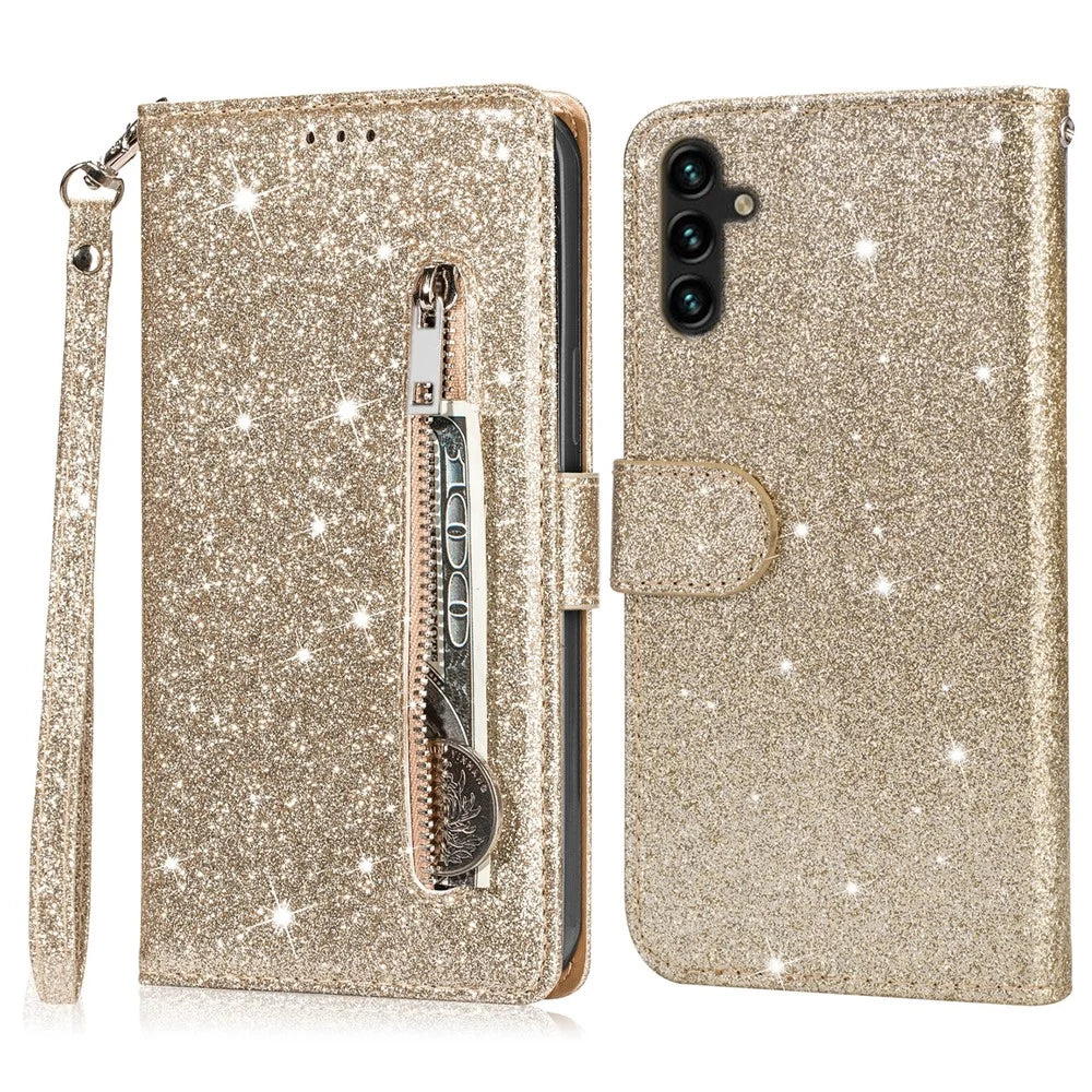 For Samsung Galaxy A36 5G Stand Case Glitter Phone Leather Cover Zipper Pocket - Gold - 1