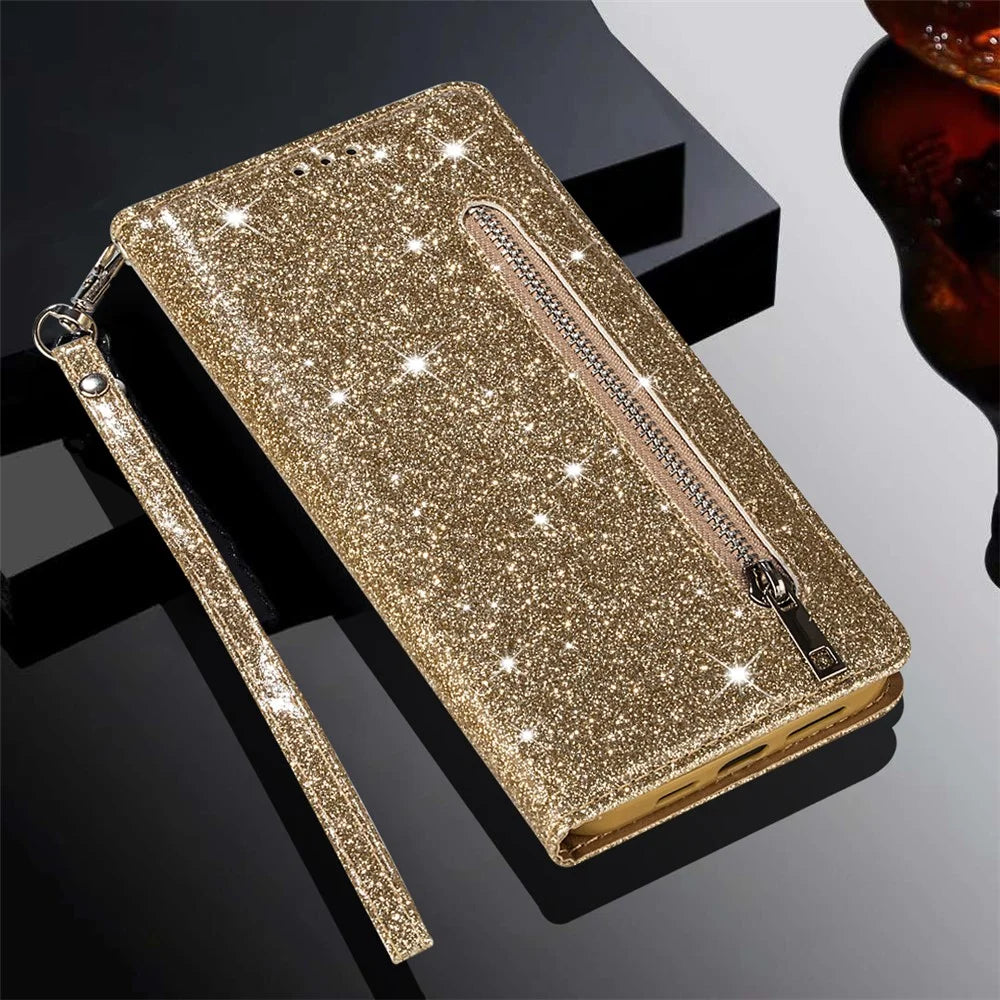 For Samsung Galaxy A36 5G Stand Case Glitter Phone Leather Cover Zipper Pocket - Gold - 6
