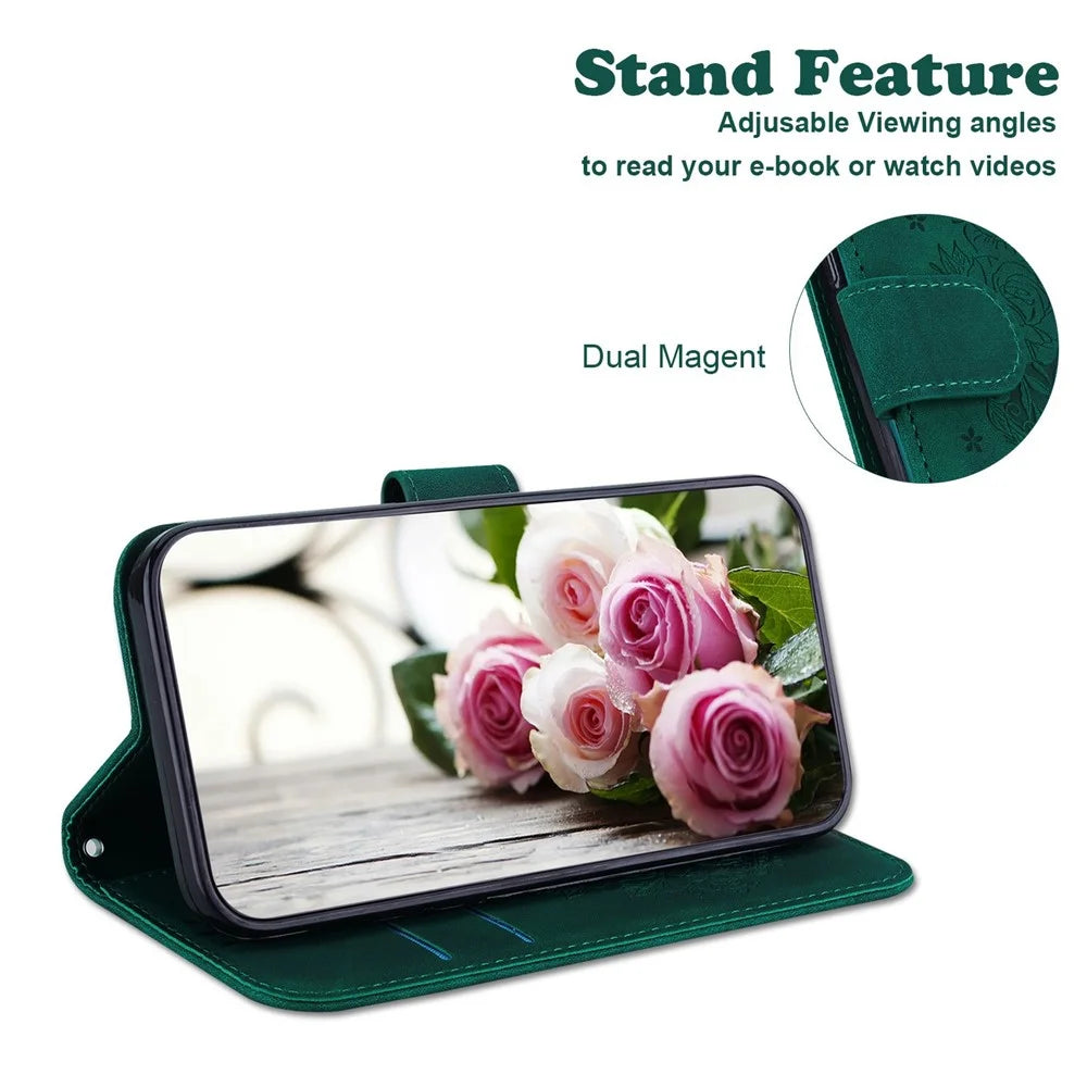 For Samsung Galaxy A18 5G / A17 5G / A17 4G / A26 5G Case PU Leather Wallet Phone Cover Butterfly Flower Imprint - Green - 3