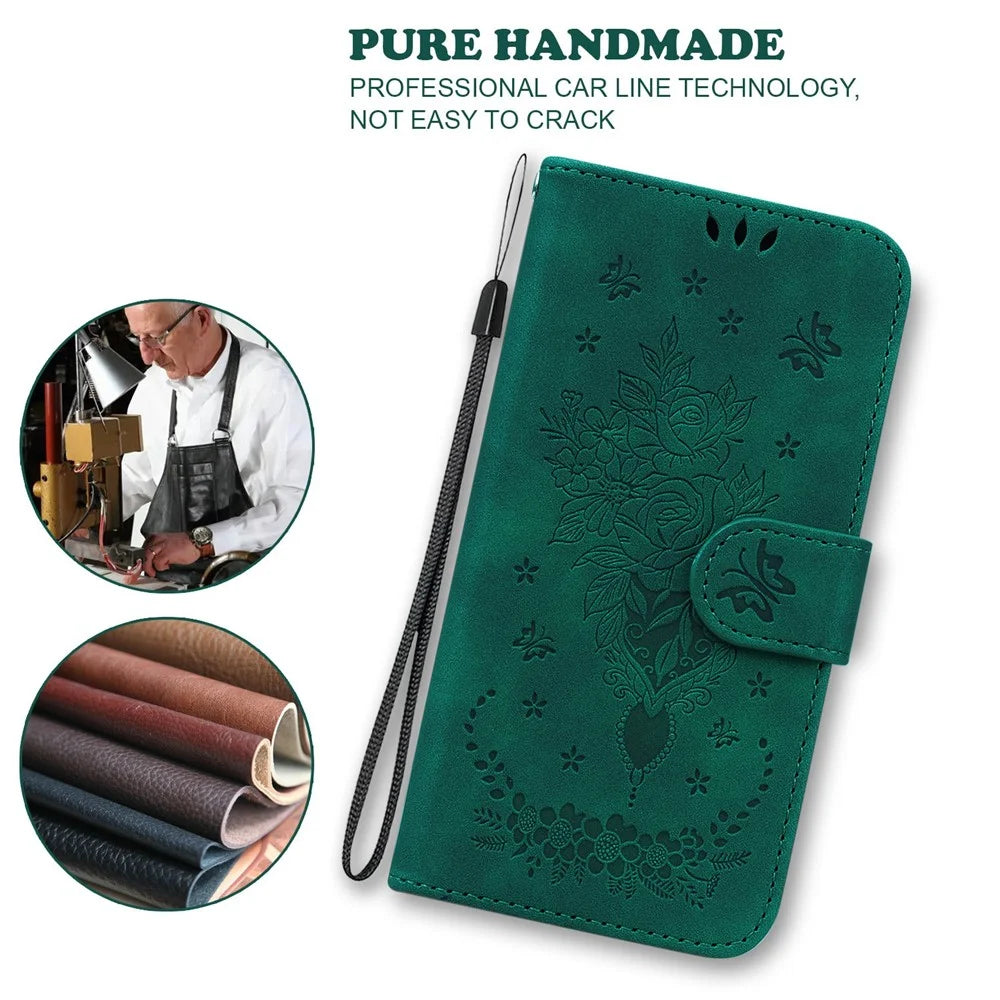 For Samsung Galaxy A18 5G / A17 5G / A17 4G / A26 5G Case PU Leather Wallet Phone Cover Butterfly Flower Imprint - Green - 4