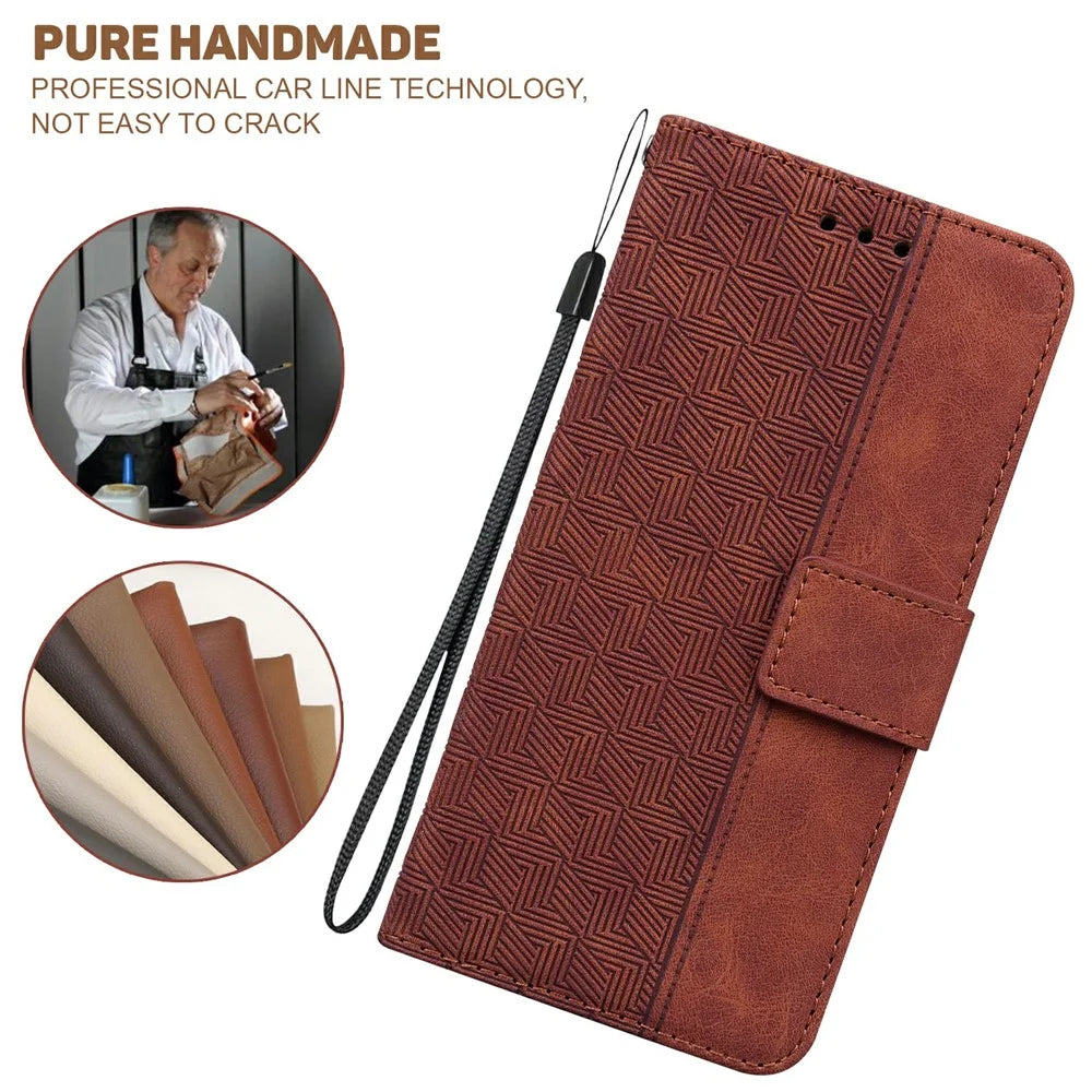 For Samsung Galaxy A18 5G / A17 5G / A17 4G / A26 5G Case Geometry Pattern Leather Wallet Phone Cover with Wrist Strap - Brown - 5