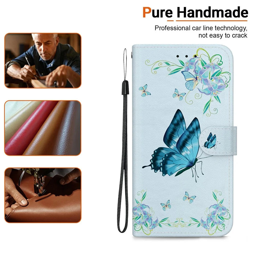 For Samsung Galaxy A18 5G / A17 5G / A17 4G / A26 5G Wallet Phone Case Anti-Drop Leather Flip Cover Pattern Printing - Blue Butterfly Flower - 6