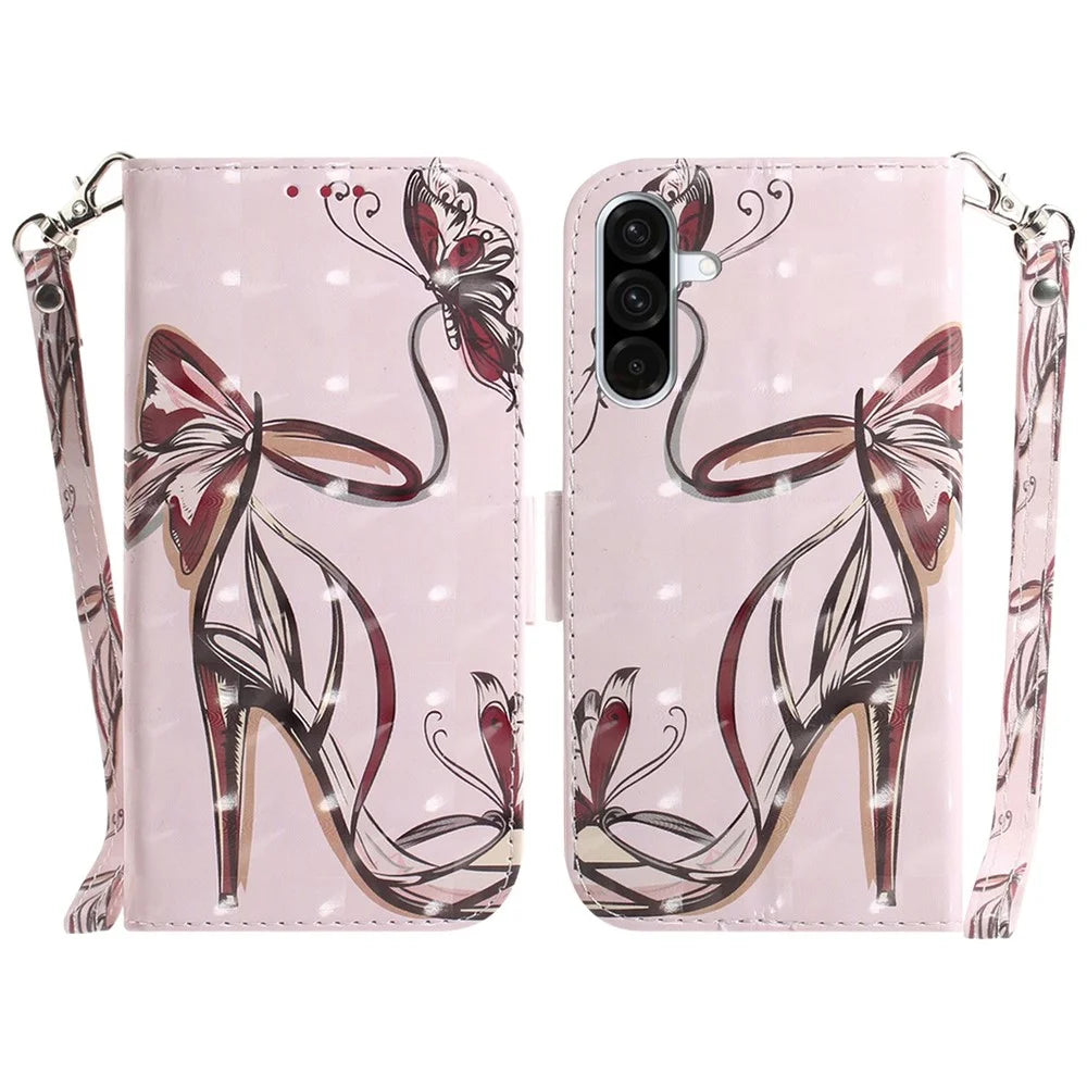 For Samsung Galaxy A56 5G  /  A36 5G Case Pattern Printing Leather Wallet Phone Cover with Wrist Strap - Butterfly High Heels - 1