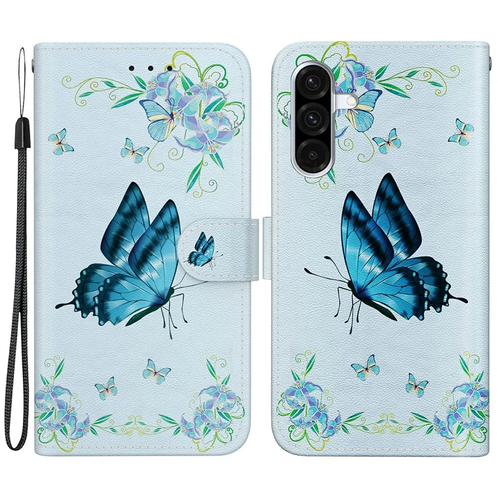 For Samsung Galaxy A56 5G  /  A36 5G Wallet Phone Case Anti-Drop Leather Flip Cover Pattern Printing - Blue Butterfly Flower - 1