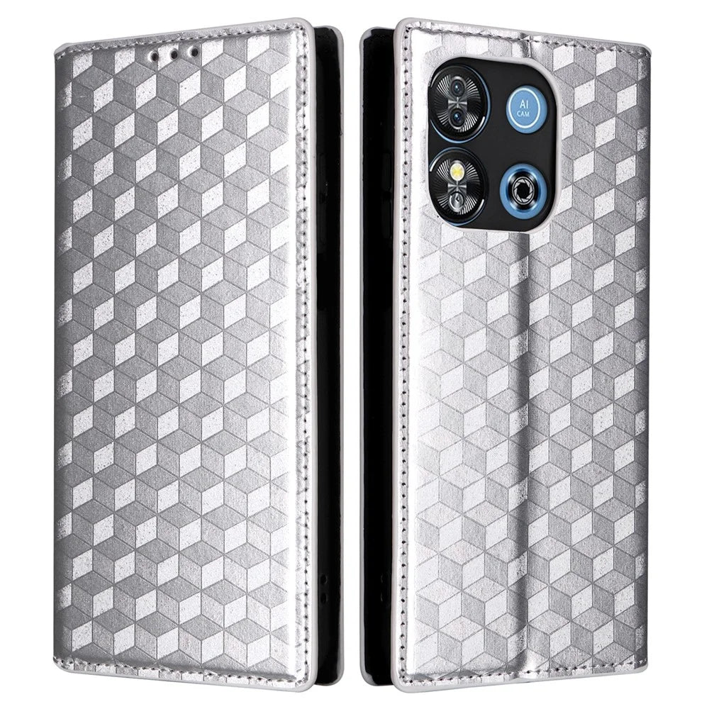 For Oukitel C57 Pro / C57s Wallet Case Rhombus Imprinted Leather Phone Cover - Silver - 1