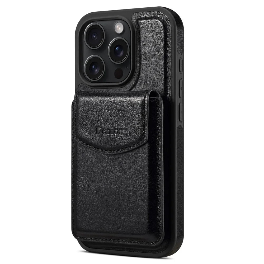 DENIOR D22 For iPhone 16 Pro Case Detachable Card Bag Rotary Kickstand Genuine Cow Leather Phone Back Cover - Black - 5