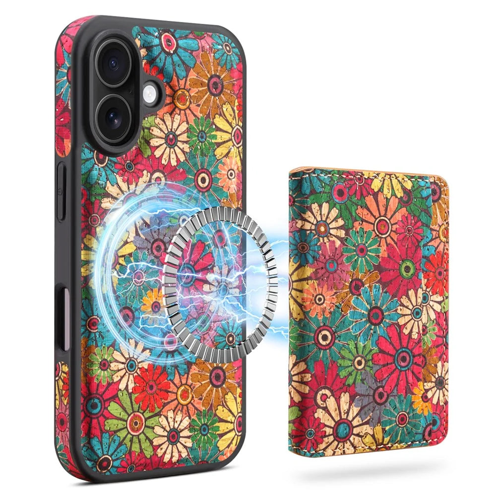 D16 For iPhone 16 Magnetic Case Detachable Card Bag Flower Leather Back Cover - Green - 1