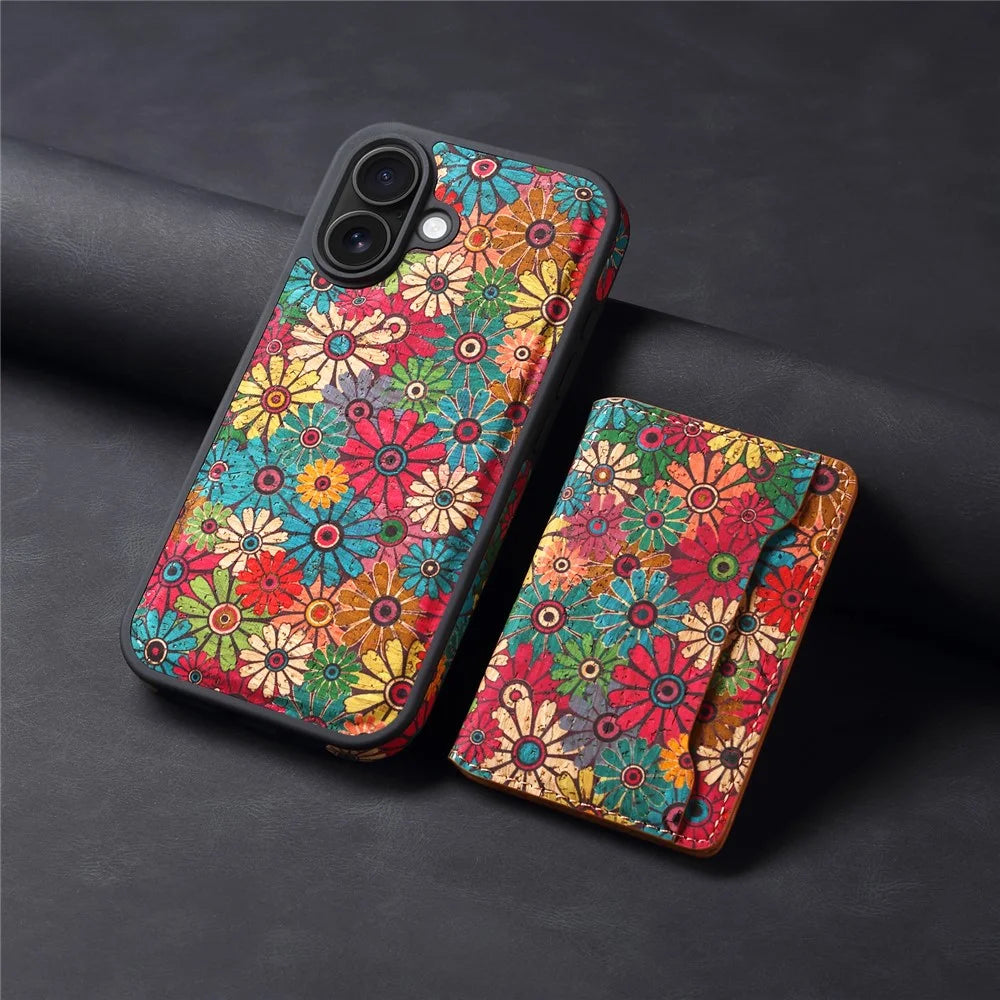 D16 For iPhone 16 Magnetic Case Detachable Card Bag Flower Leather Back Cover - Green - 7